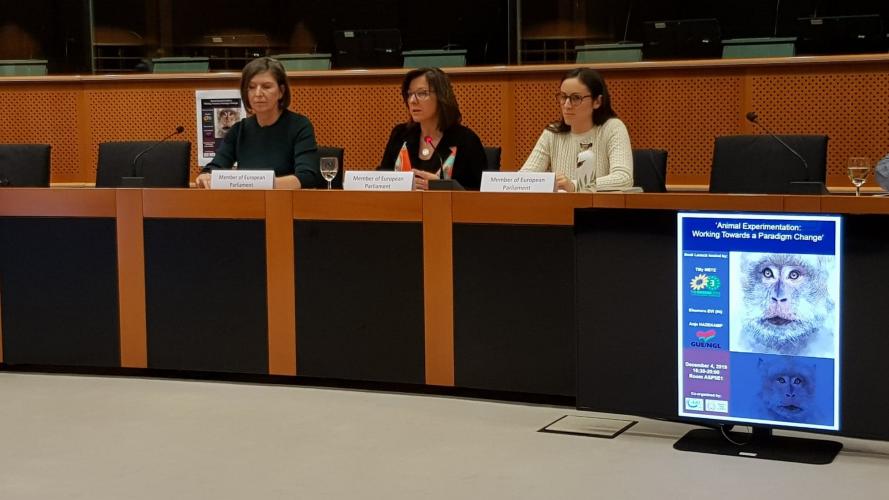 Leden van het Europees Parlement van links naar rechts: Anja Hazekamp (Partij voor de Dieren, NL), Tilly Metz (Groen, LU), and Eleonora Evi (Vijfsterrenbeweging, IT)